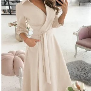 Spring Autumn Fashion Office Ruched Dress Long-sleeved V-neck Red Black Blue Bag Hip Dress Women's Clothing Dress for Women