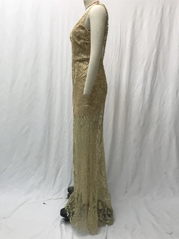 Shiny Sequin V Neck Maxi Dresses Women Elegant Slimming Backless Short Sleeved Long Dress Lady Gold Silver Party Evening Robes ﻿ - Image 6