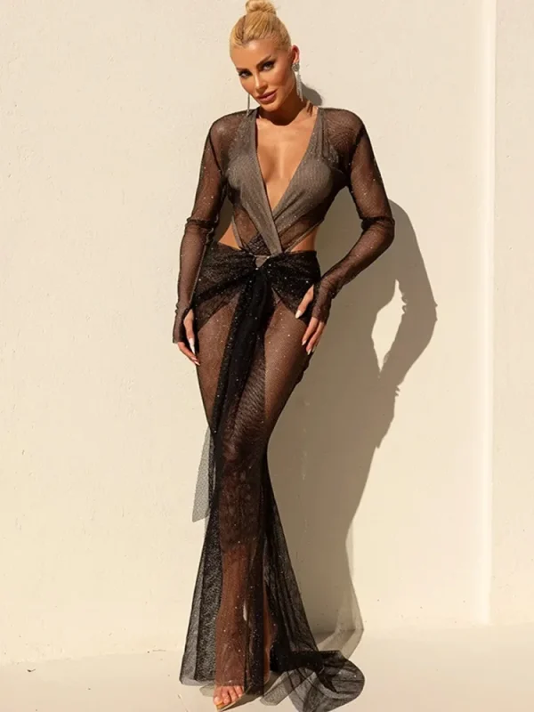 Sequins Hollow Out Ribbon Long Dress Women Long Sleeve V-neck Sexy See Through Pleated Knotted Dresses Summer Party Club Robe - Image 2