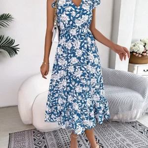 Spring and Summer Floral Print Dress Edible Tree Fungus Neck Sleeveless Holiday Dress Elegant Long Dresses for Women