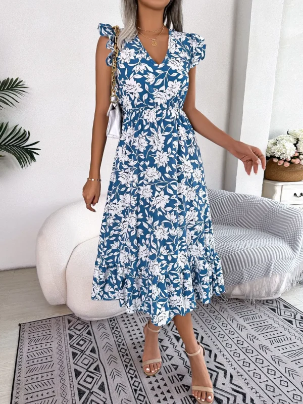 Spring and Summer Floral Print Dress Edible Tree Fungus Neck Sleeveless Holiday Dress Elegant Long Dresses for Women