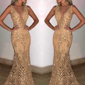 Shiny Sequin V Neck Maxi Dresses Women Elegant Slimming Backless Short Sleeved Long Dress Lady Gold Silver Party Evening Robes ﻿