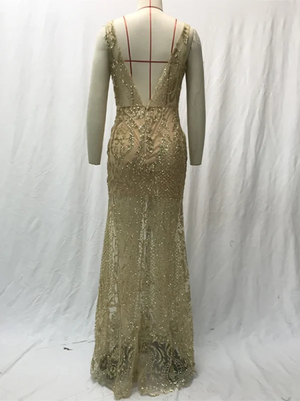 Shiny Sequin V Neck Maxi Dresses Women Elegant Slimming Backless Short Sleeved Long Dress Lady Gold Silver Party Evening Robes ﻿ - Image 5