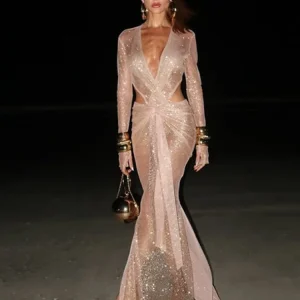 Sequins Hollow Out Ribbon Long Dress Women Long Sleeve V-neck Sexy See Through Pleated Knotted Dresses Summer Party Club Robe