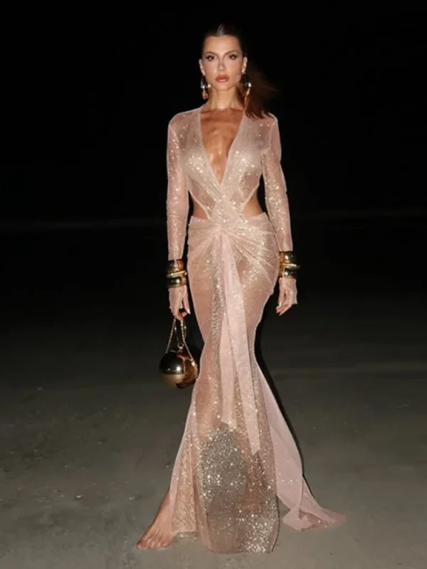 Sequins Hollow Out Ribbon Long Dress Women Long Sleeve V-neck Sexy See Through Pleated Knotted Dresses Summer Party Club Robe