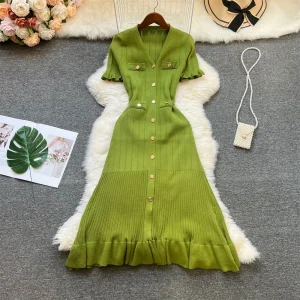 YuooMuoo Brand Fashion Women Summer Knitted Long Dress Elegant French Style Single-breasted Sweater Dress Lady Office Vestiddos