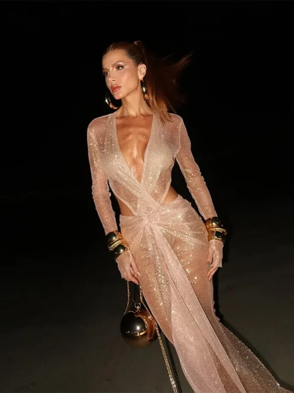 Sequins Hollow Out Ribbon Long Dress Women Long Sleeve V-neck Sexy See Through Pleated Knotted Dresses Summer Party Club Robe - Image 3